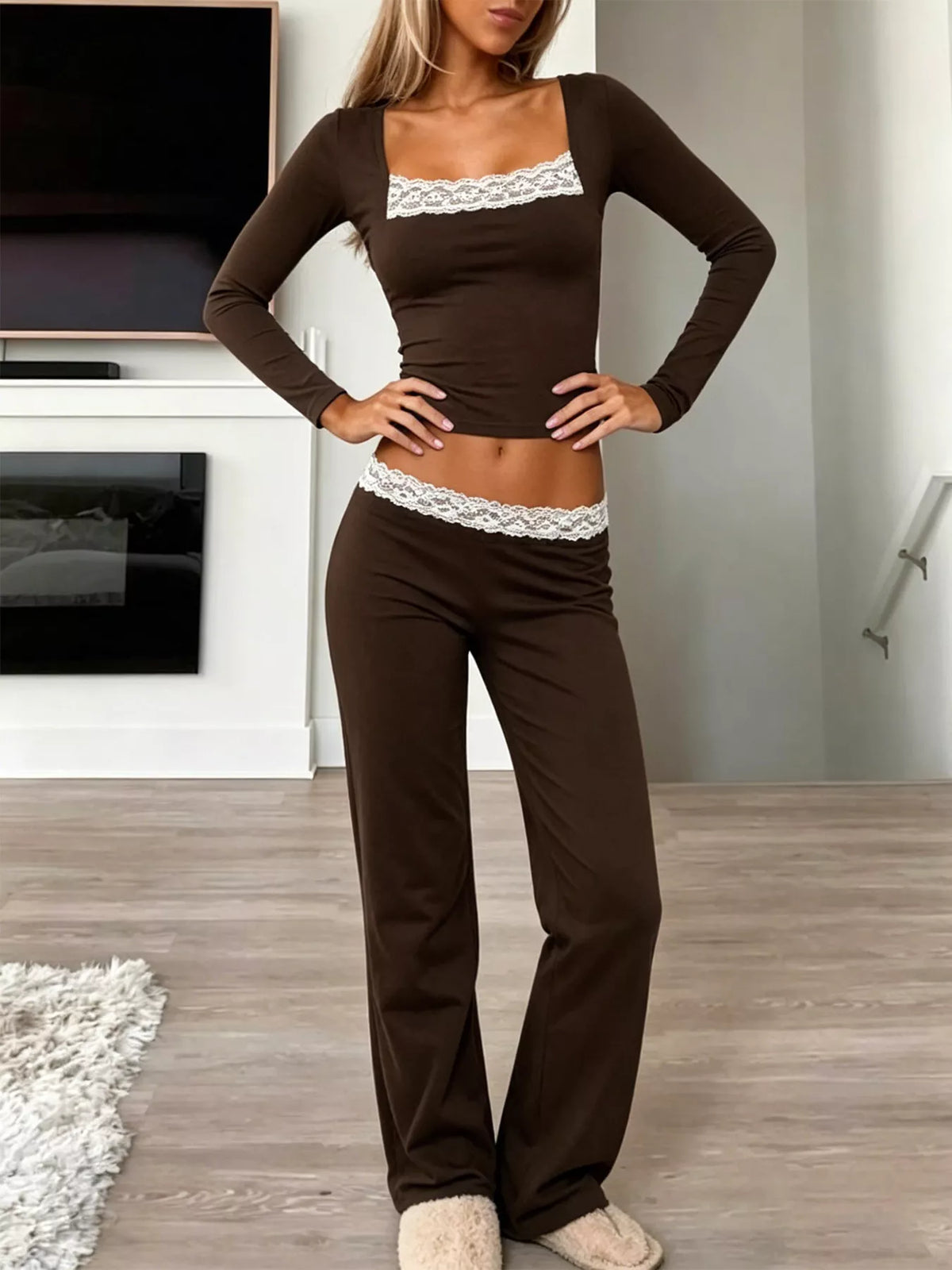 Long Sleeve Lace Trim Crop Top and Wide Leg Pants Set