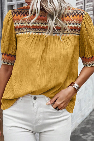 Geometric Frill Mock Neck Short Sleeve Blouse