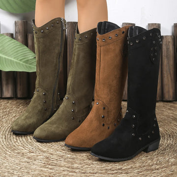 Studded Mid-Calf Boots with Side Zipper Closure