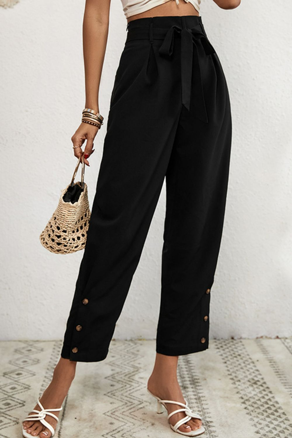 Perfee Buttoned Tie Waist Cropped Pants