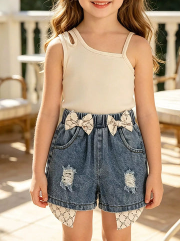 Children's Asymmetrical Tank Top & Bow-Accent Denim Shorts Set