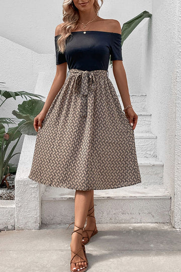 Perfee Printed Tie Belt Off Shoulder Dress