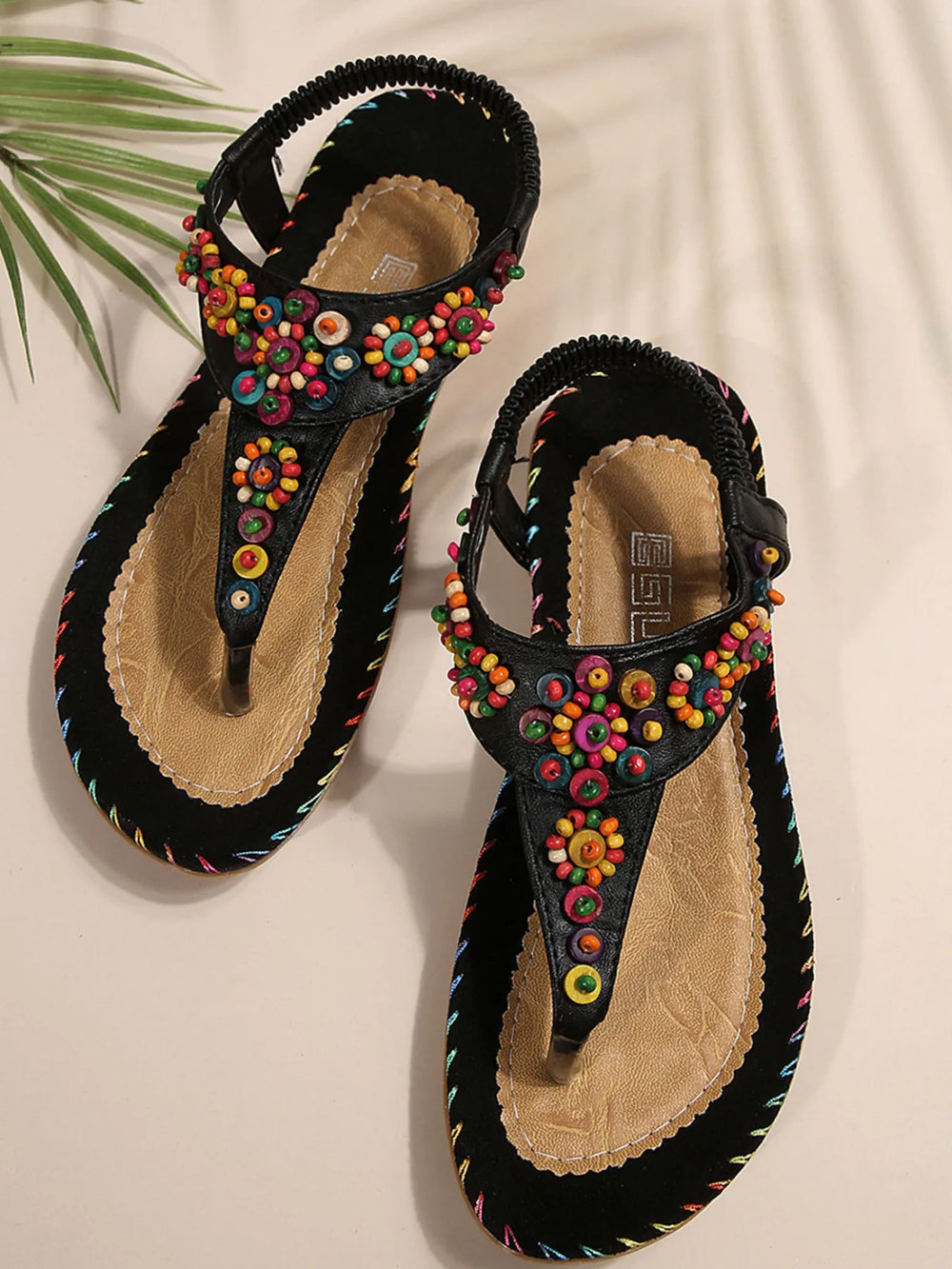 Colorful Beaded T Strap Flat Sandals
