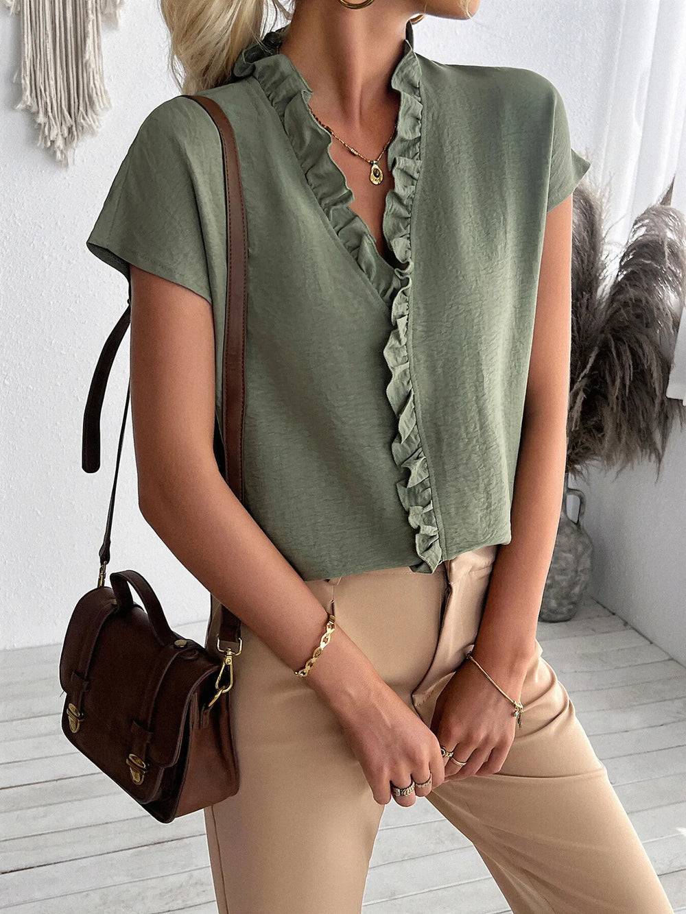Ruffled V Neck Short Sleeve Blouse