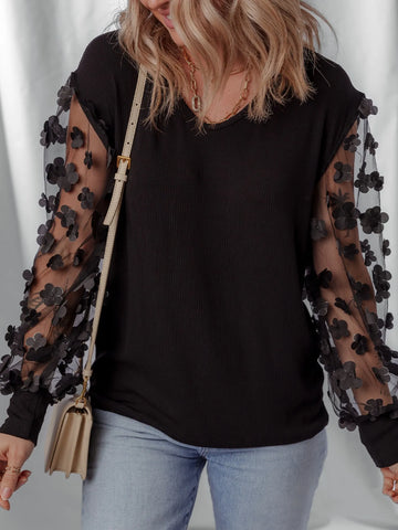 Flower Sheer Sleeve V Neck Blouse