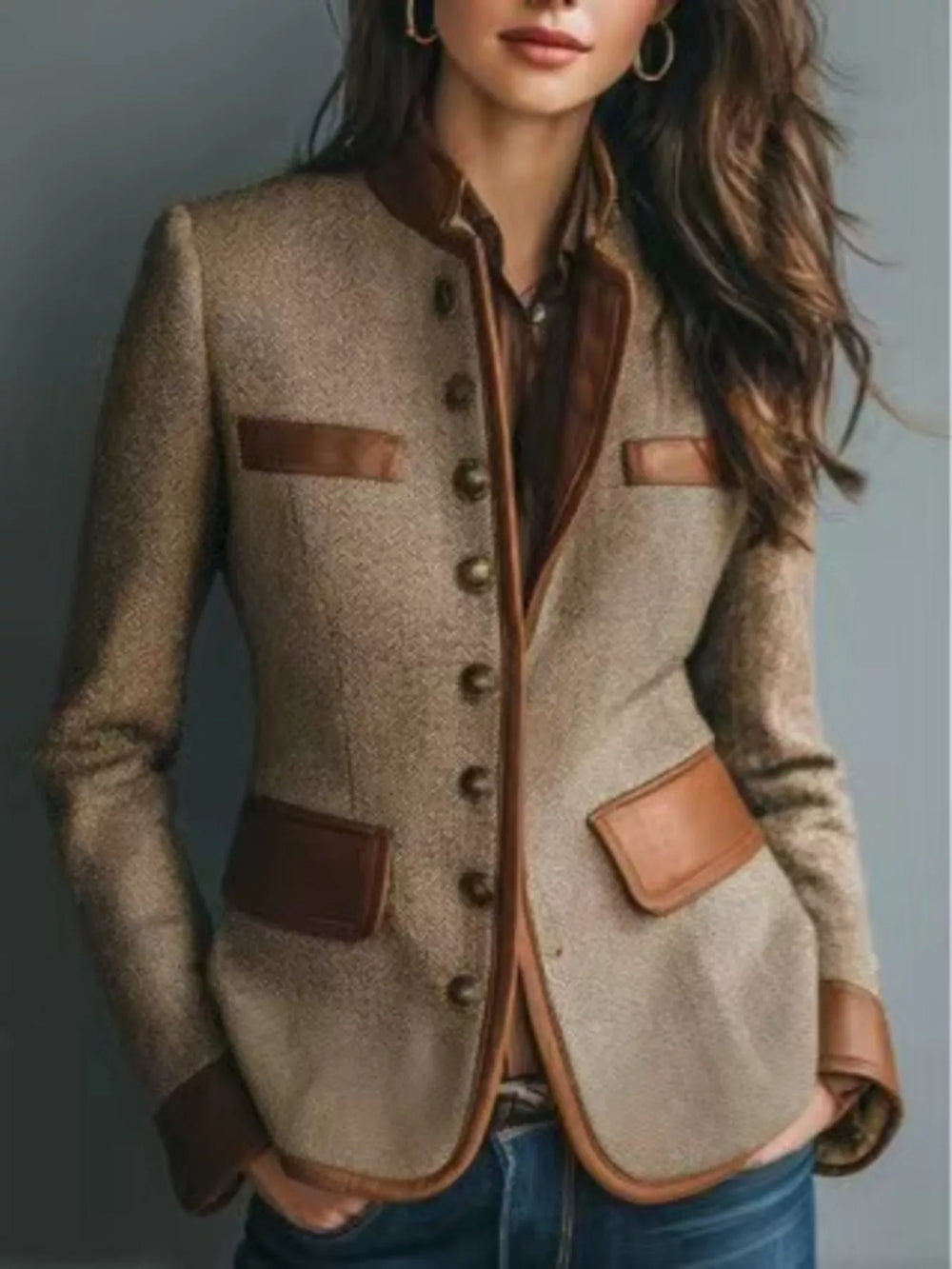 Full Size Contrast Trim Tweed Outerwear Plus Size