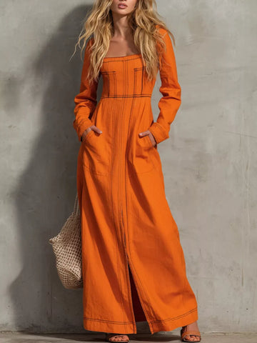 Slit Square Neck Long-Sleeve Maxi Dress