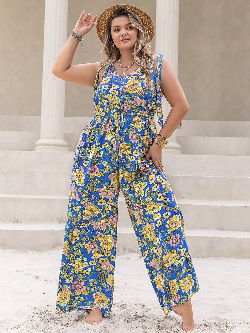 Plus Size Printed V Neck Wide Leg Jumpsuit