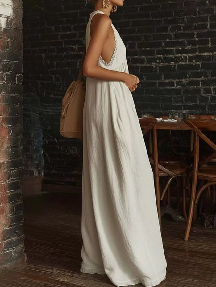 Halter Lace Trim Wide Leg Jumpsuit