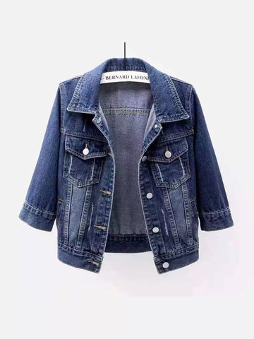 Full Size Distressed Mid-Sleeve Denim Jacket Plus Size