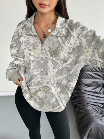 Quarter-Zip Printed Sweatshirt with Ribbed Cuffs