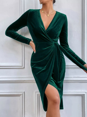 Velvet Wrap Long Sleeve Midi Dress