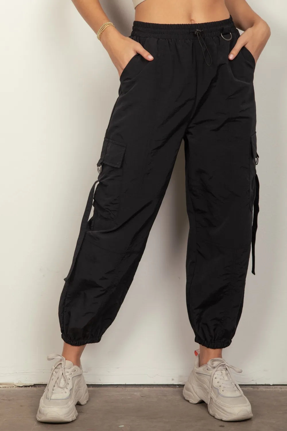 VERY J Elastic Waist Woven Cargo Pants selected from Bottoms Spotlight for The Bottom Line: Silhouettes That Balance the Look