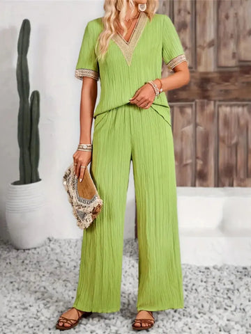 V Neck Short Sleeve Top and Pants Set