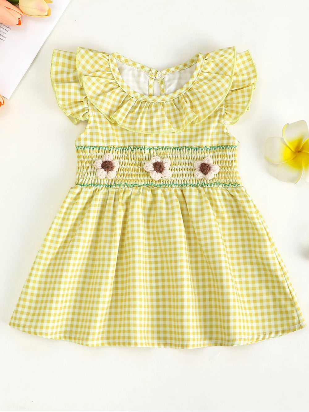 Children's Gingham Ruffle Dress with Floral Appliques