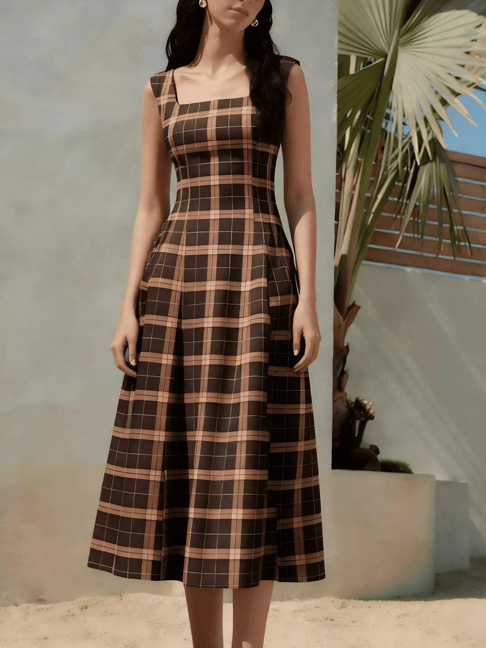 Square Neck Plaid Midi Dress