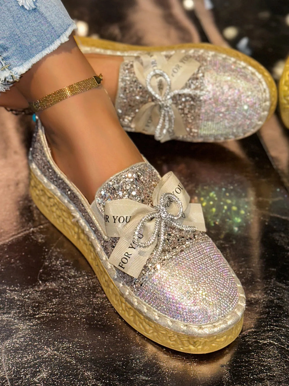 Rhinestone Bow Round Toe Slip Ons