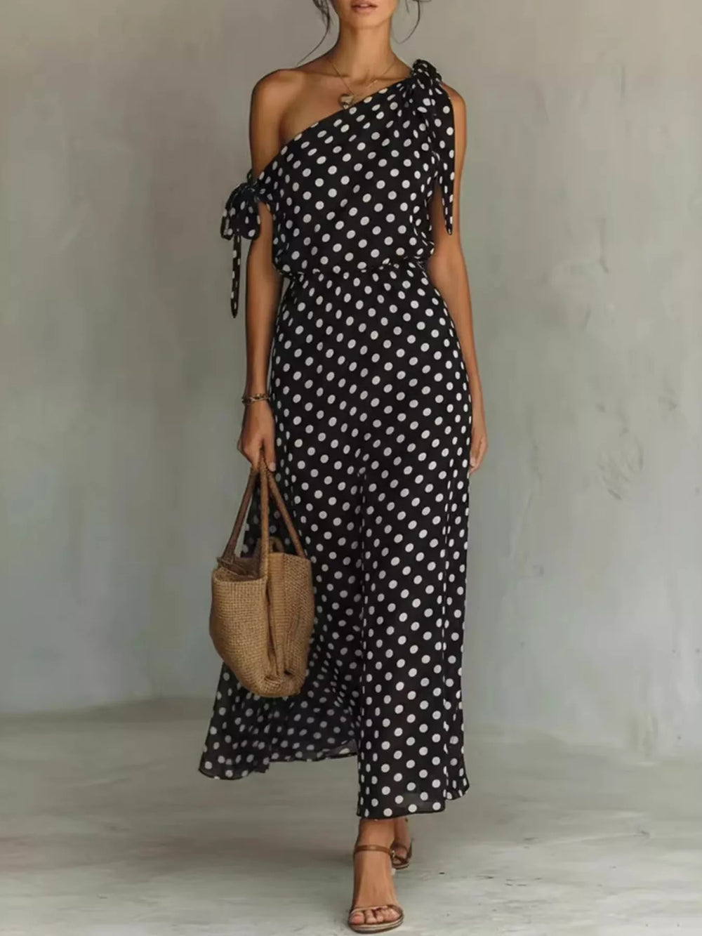 Full Size Polka Dot One Shoulder Maxi Dress Plus Size