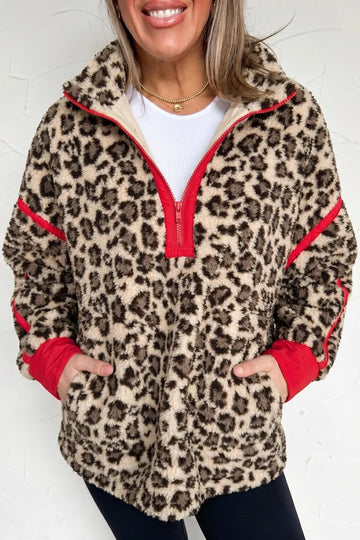 Leopard Print Zip-Up Red Accents Pockets Sweatshirt