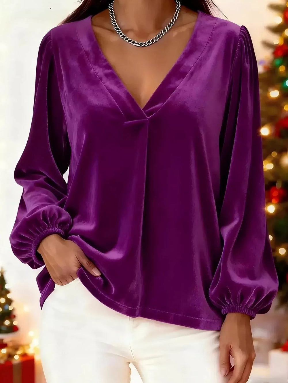 Full Size Velvet V Neck Balloon Sleeve Blouse Plus Size