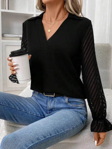 V Neck Flounce Sleeve Blouse