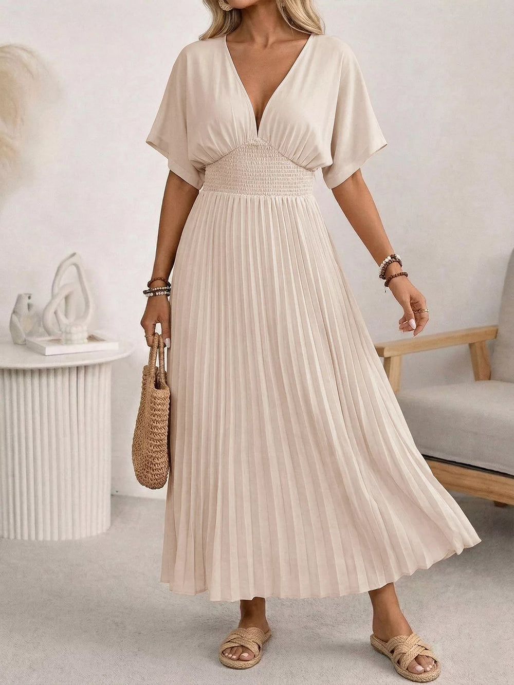 Pleated V-Neck Midi Dress