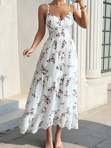 Floral Print Spaghetti Strap Tiered Midi Dress
