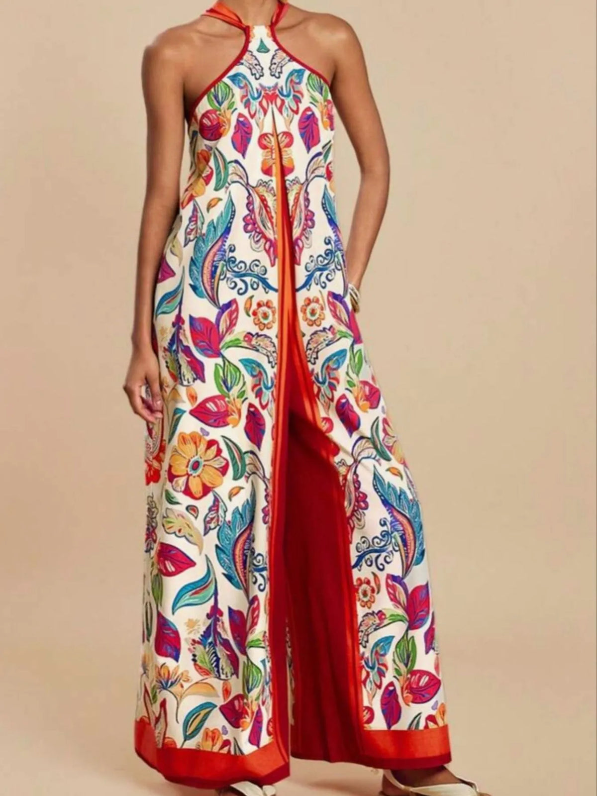 Printed Halter Wide-Leg Jumpsuit