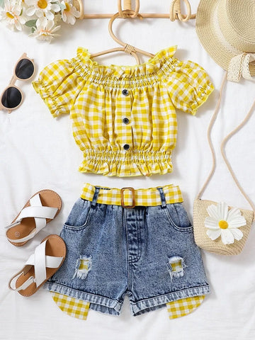 Children's Gingham Top & Denim Shorts Set
