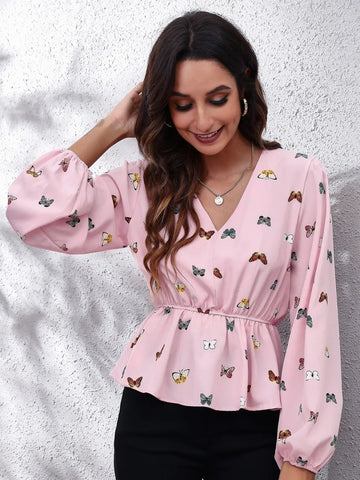 Printed V Neck Long Sleeve Blouse