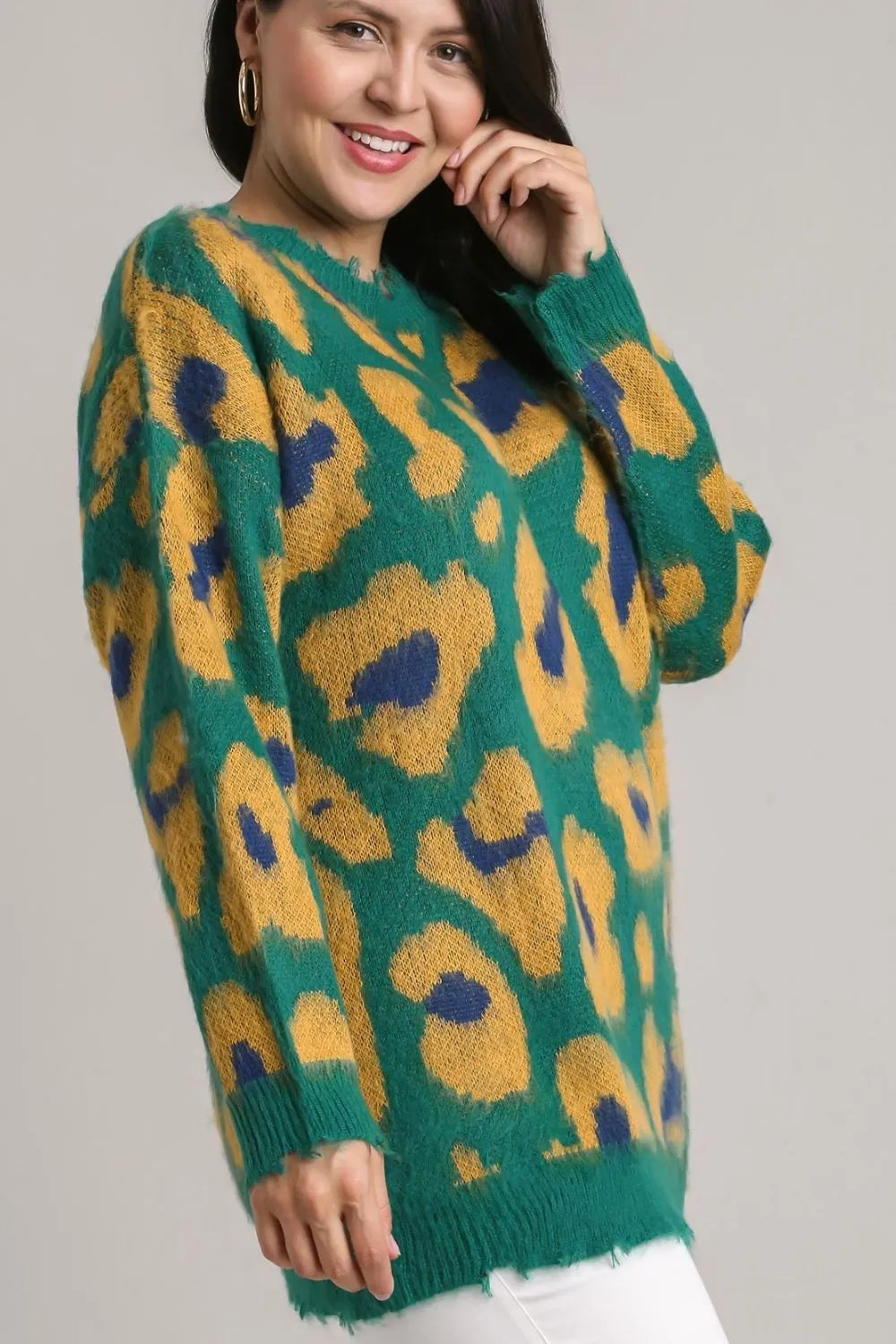 Umgee Full Size Leopard Destroyed Rib Band Sweater Plus Size