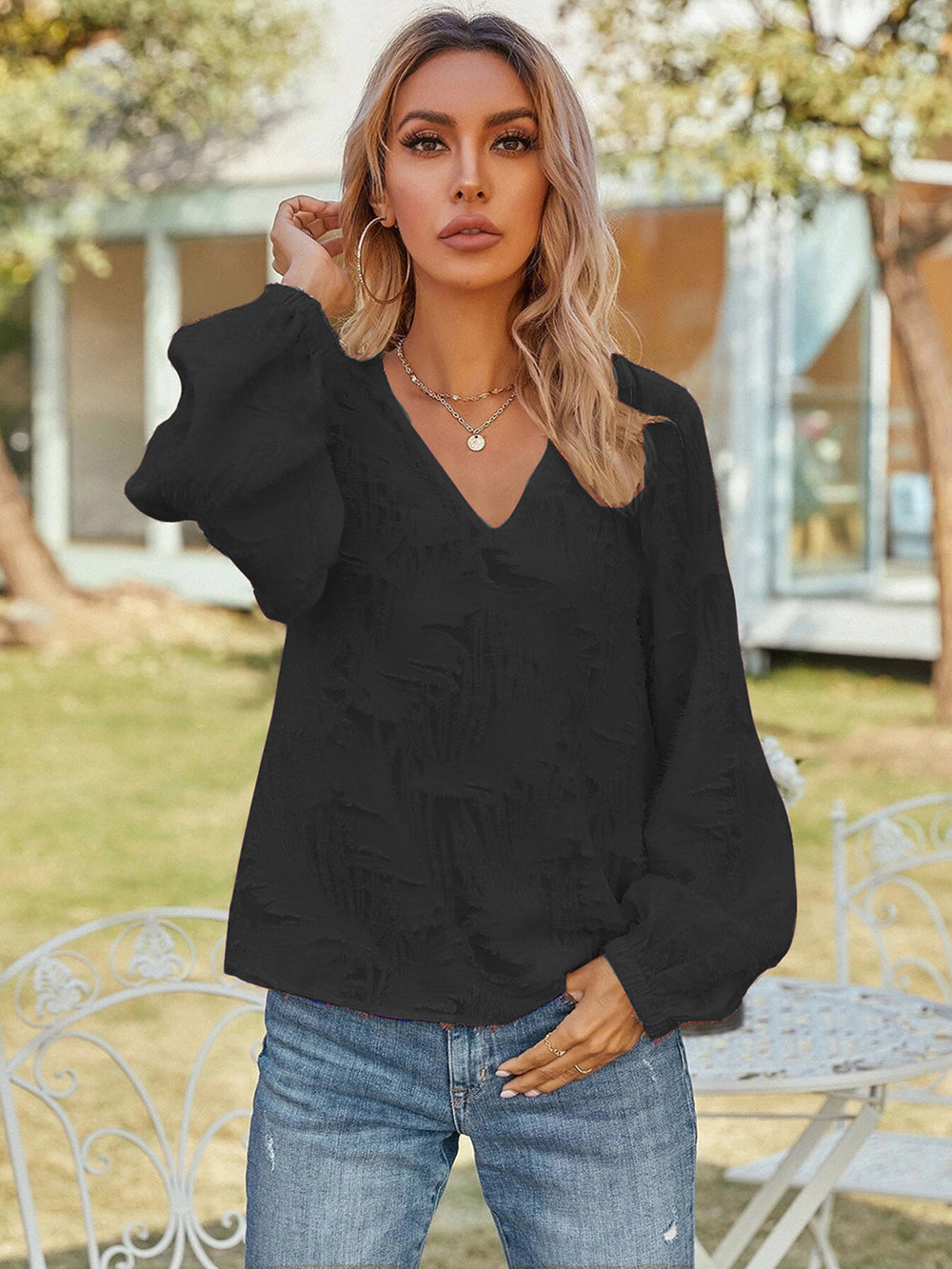 V Neck Long Sleeve Blouse
