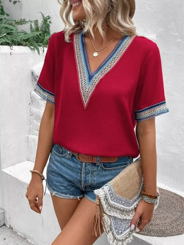 Full Size V Neck Short Sleeve Blouse