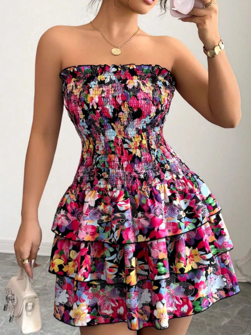 Strapless Smocked Floral Tiered Mini Dress