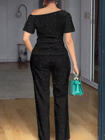 Full Size Glitter Off-Shoulder Short Sleeve Top and Pants Set Plus Size