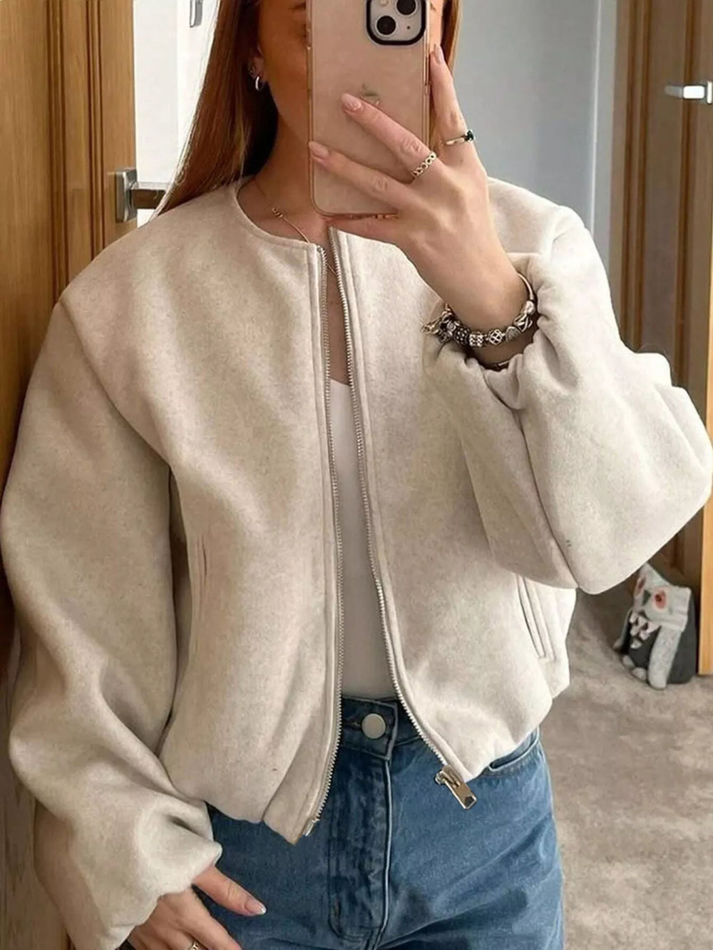 Plus Size Casual Fleece Zip Up Bomber Jacket
