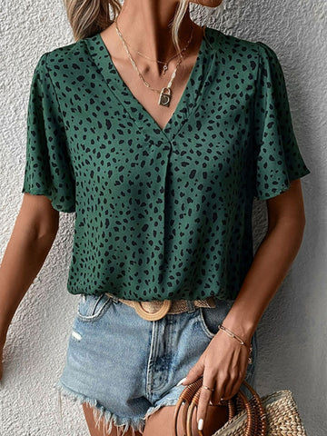 Perfee Animal Print V Neck Flutter Sleeve Blouse