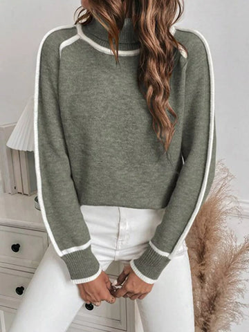 Full Size Contrast Trim Ribbed Hem Turtleneck Sweater Plus Size