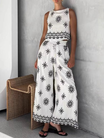 Printed Tank and Wide Leg Pants Set