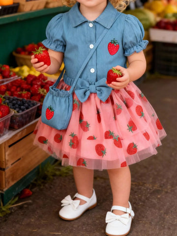 Children's Strawberry Short Sleeve Top and Skirt Set with Bag
