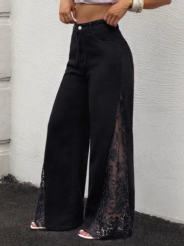 Lace Detail Wide-Leg Jeans