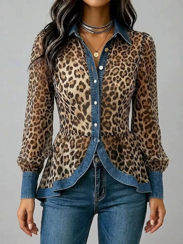 Full Size Leopard Print Blouse with Denim Contrast Trim Plus Size