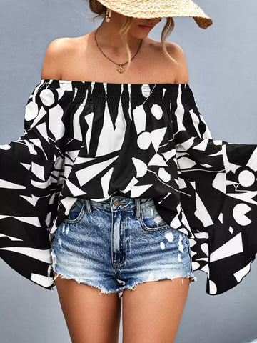 Printed Off Shoulder Bell Sleeve Blouse