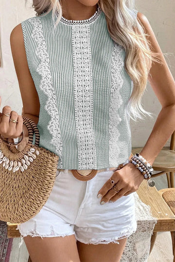 Striped Lace Trim Sleeveless Blouse