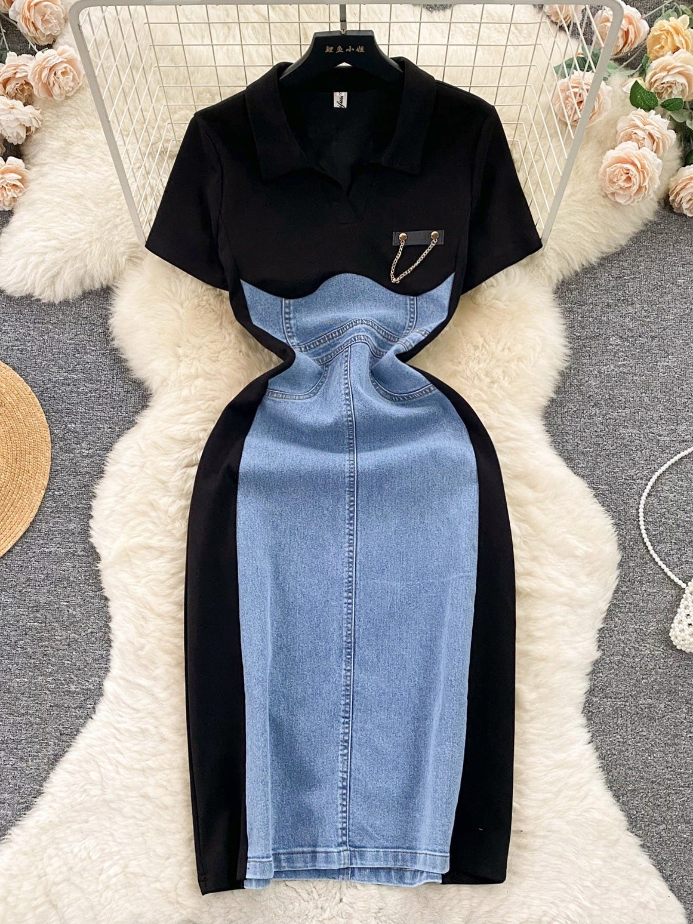 Full Size Color Block Denim Patchwork Bodycon Mini Dress Plus Size selected from Mini Dresses for Short Hem, Strong Mood: The Mini Dress Edit