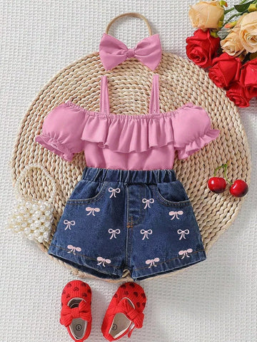 Children's Ruffle Top and Bowknot Denim Shorts Set with Headband