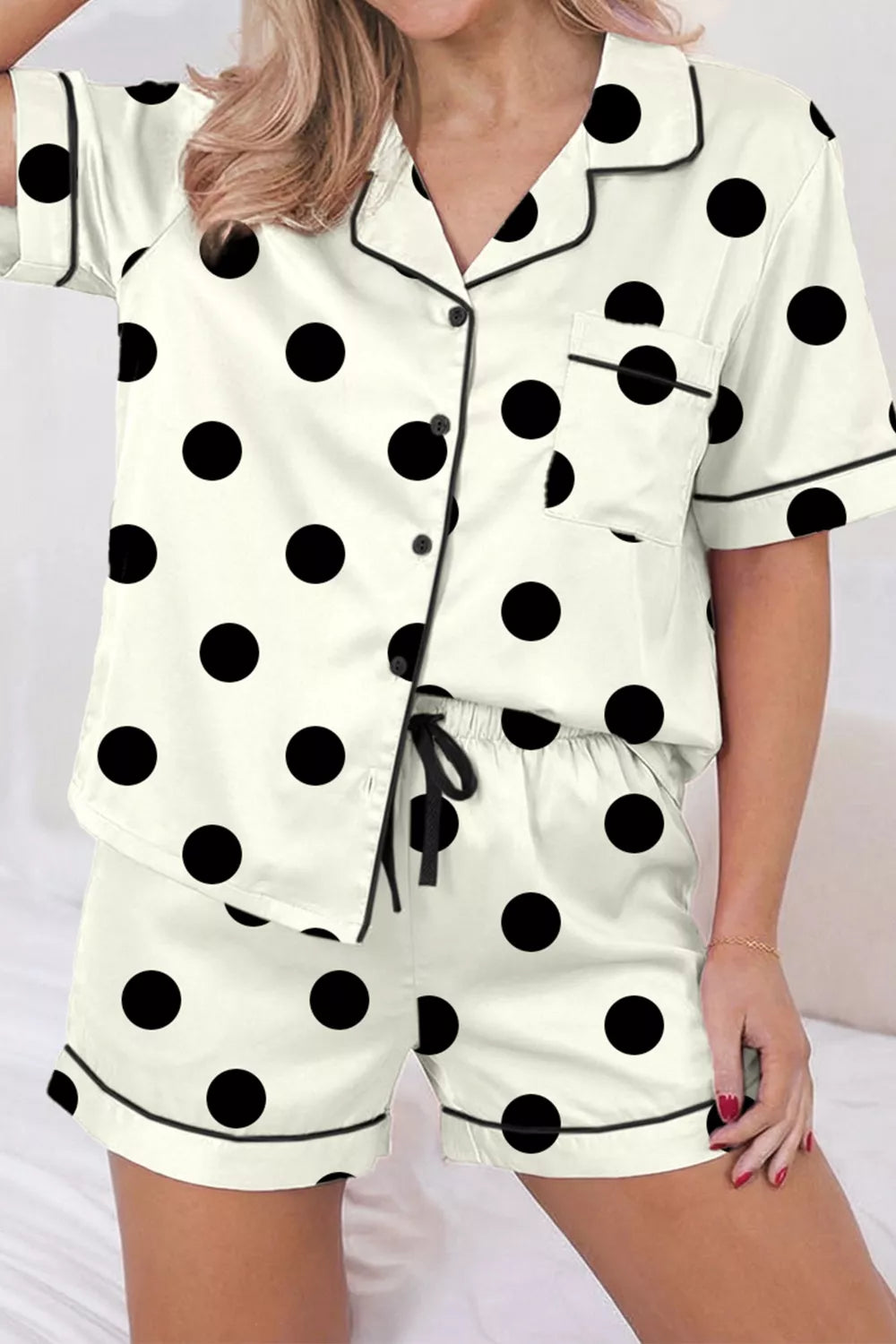 Polka Dot Button Up Top and Shorts Lounge Set
