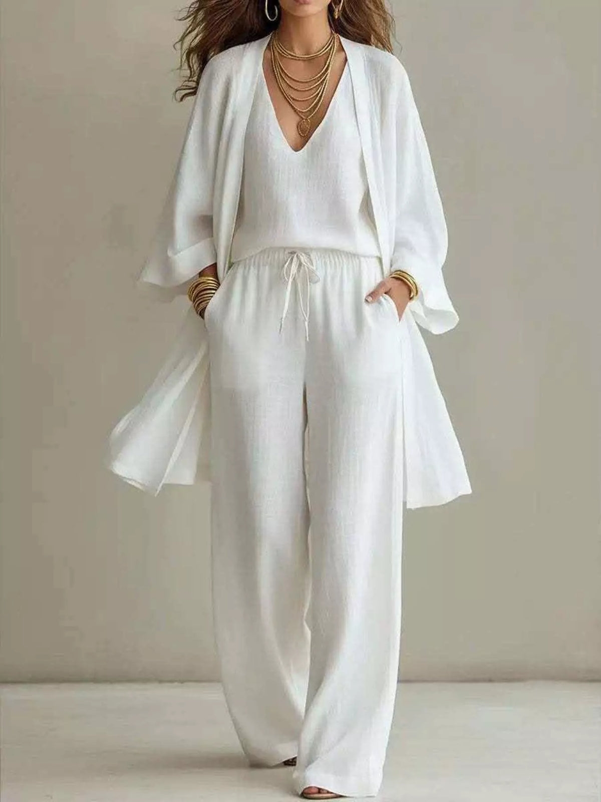 V-Neck Top, Cardigan & Pants Set