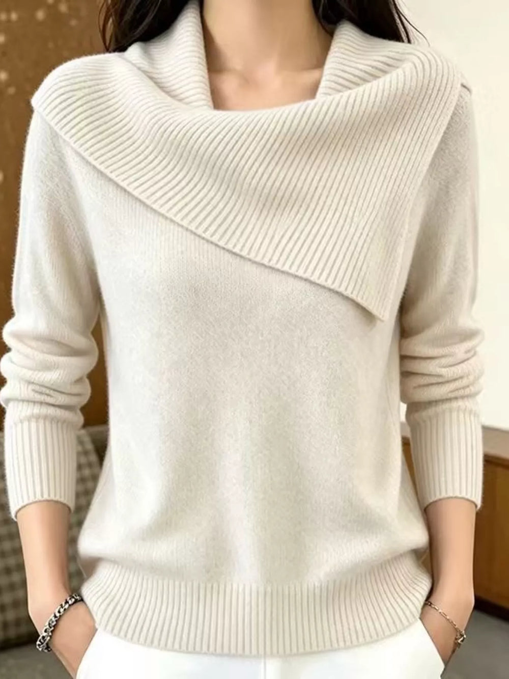Full Size Asymmetric Ribbed Collar Sweater Plus Size