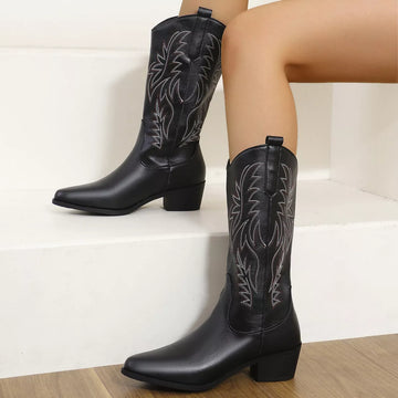 Embroidered Point Toe Block Heels Boots